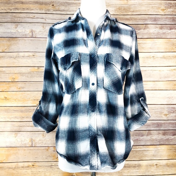 Zara Tops - Zara Basic Blue & White Plaid Flannel Snap Up Top
